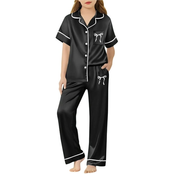 SonxaHe Toddler Girl's Silk Outfits Sleepwear Short Sleeve Shirt Pants Kids Comfy Loose Loungewear Nightwear Outfits Black,Sized 3-4