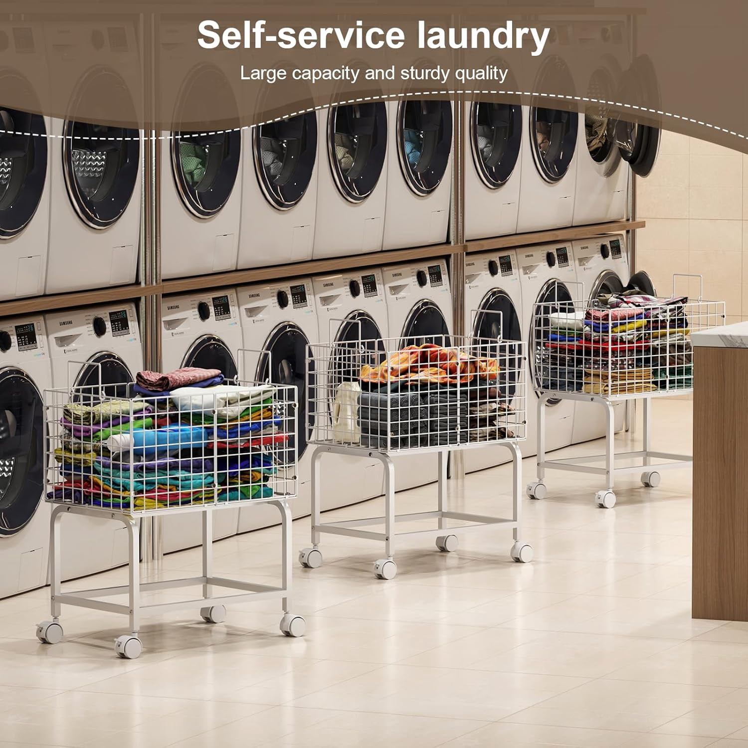 Wire Laundry Hamper Cart,Rolling Laundry Carts with Pull Handle,Black Tall Laundry Basket,Commercial Wire Laundry Hamper Cart-23.6 * 15.75 * 28 inches