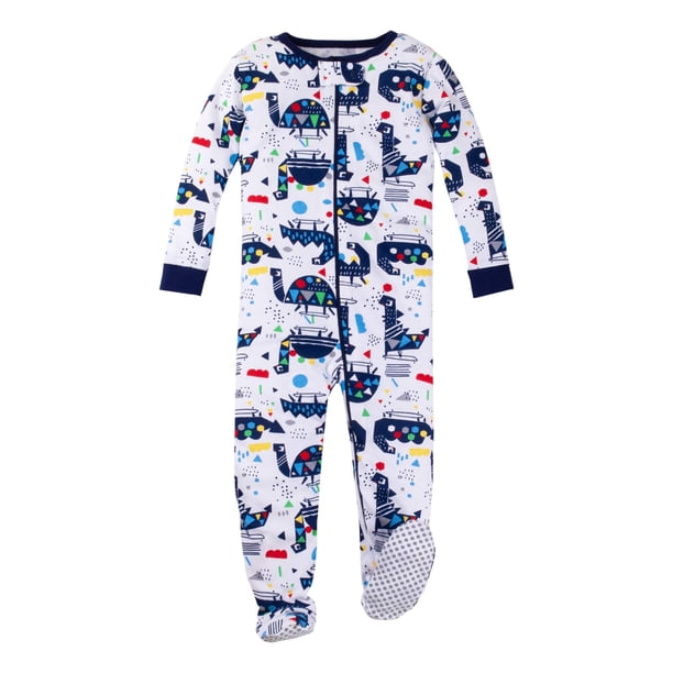 Lamaze Pijama de algodón Natural Peinado con pies elásticos de una Pieza para niños y bebés, con Cremallera, 1 Paquete, Animales Azules, 12 Meses