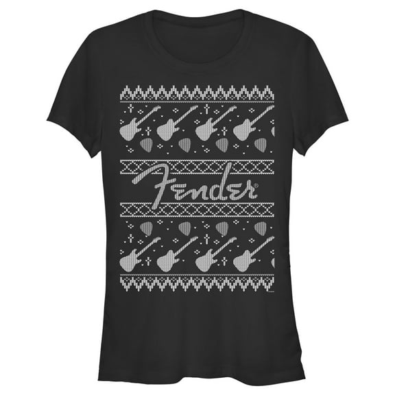Junior's Fender Christmas Black and White Logo  Graphic Tee Black Medium