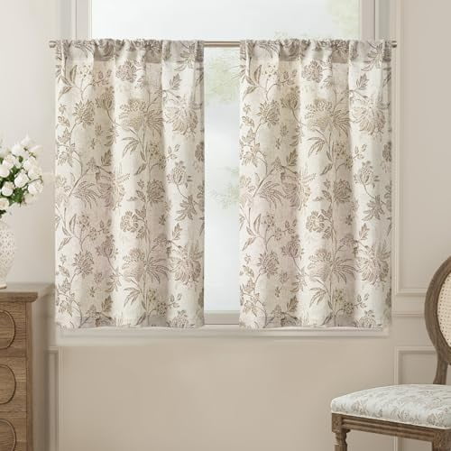 Floral Linen Tier Curtains 36 Inch Farmhouse Cafe Curtains Rod Pocket Country Flower Drapes for Small Windows for Kitchen Laundry Room Bathroom RV 2 Panels Light Filtering Taupe on Beige