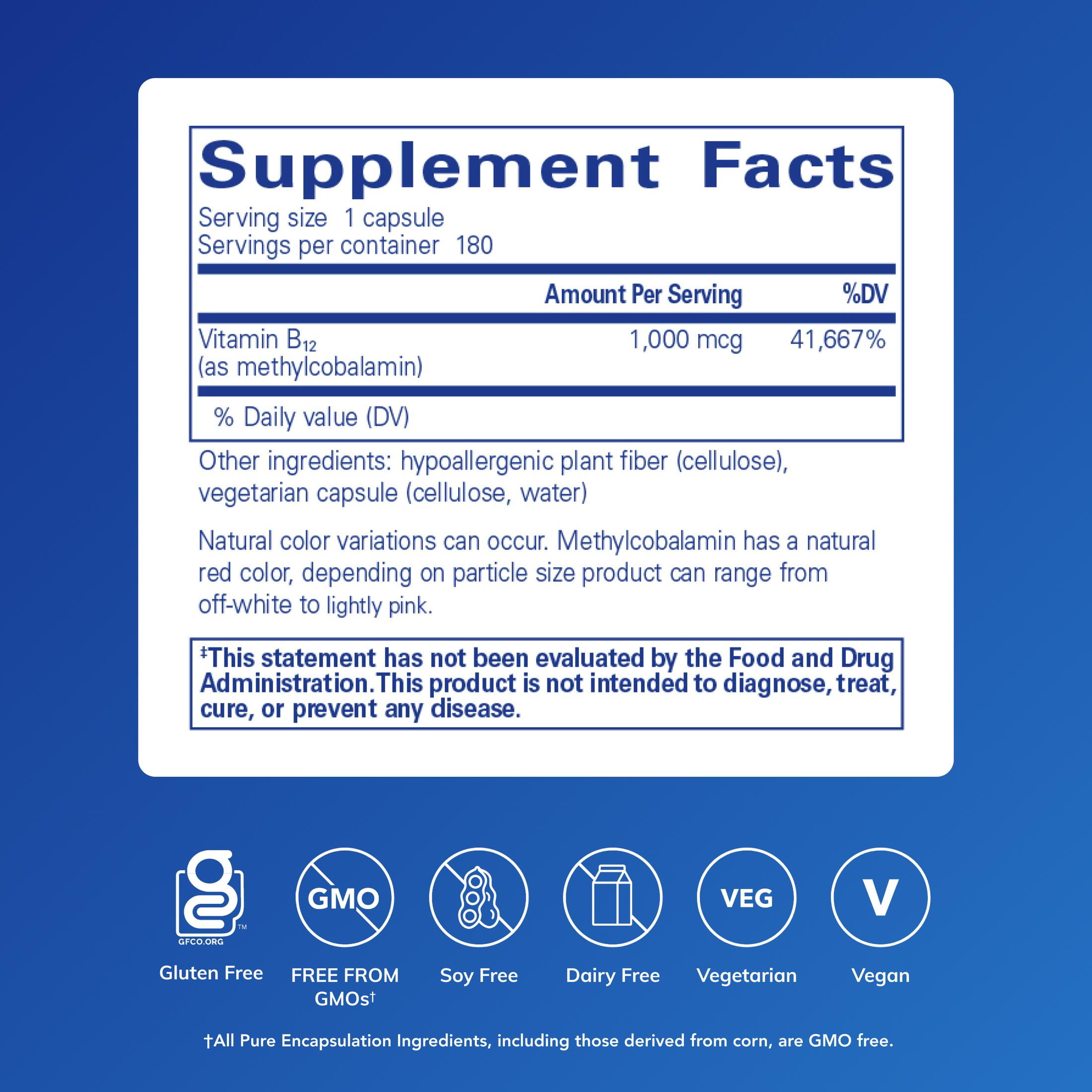Pure Encapsulations Methylcobalamin 1,000 mcg - Vitamin B12 Supplement to Support Memory & Nerve Health* - Premium Vitamin B12 Capsules - 180 Capsules