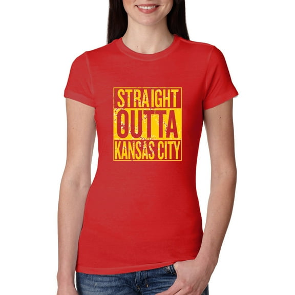 Straight Outta Kansas City KC Fan | Fantasy Football | Womens Sports Slim Fit Junior Tee, Red, X-Large