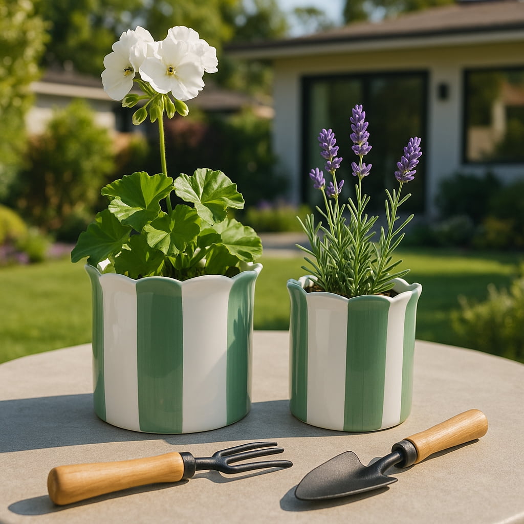 Ceramic Scalloped Striped Flower Pots for Home Decor - Decorative Planters for Indoor and Outdoor Plants - Plant Pots for Living Room and Garden Decor - Set of 2, 7", 6", Green & White