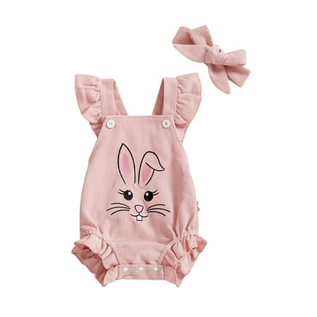 

Loalirando Newborn Girl Outfit Embroidery Rabbit Fly Sleeve Romper Hairband