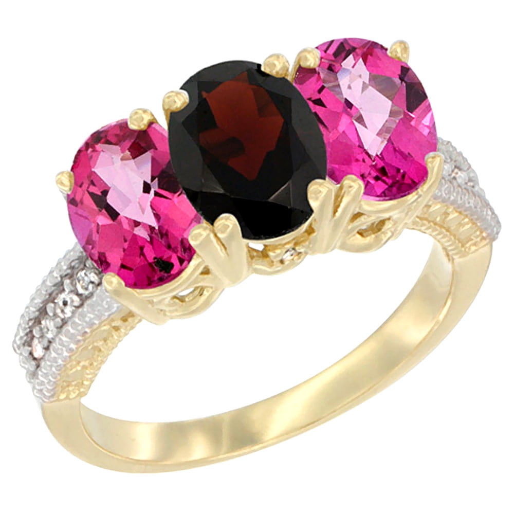 14K Yellow Gold Natural Garnet & Pink Topaz Sides Ring 3-Stone 7x5 mm Oval Diamond Accent, sizes 5 10 by WorldJewels