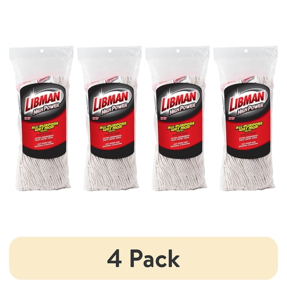 (4 pack) Libman Heavy Duty Cut-End Cotton & Polyester Wet Mop Refill with Clip Attachment