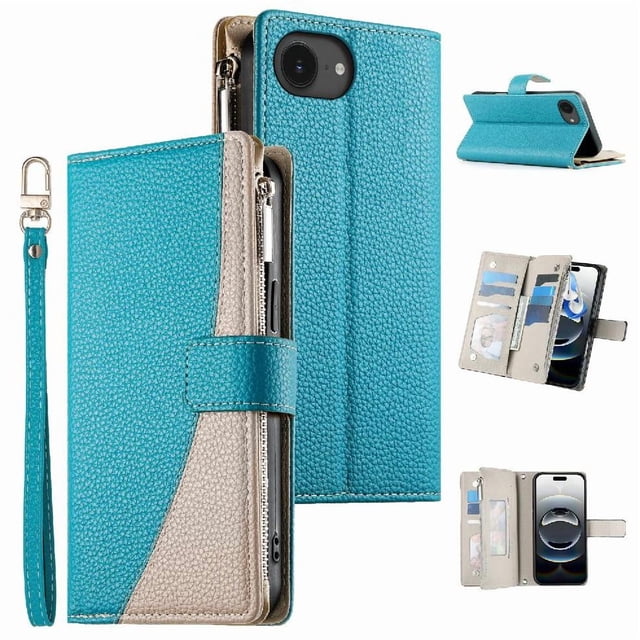 Funda cartera GANGXUN para iPhone 16e , cuero PU con tarjetero, cremallera, correa de mano, soporte y protección 984°