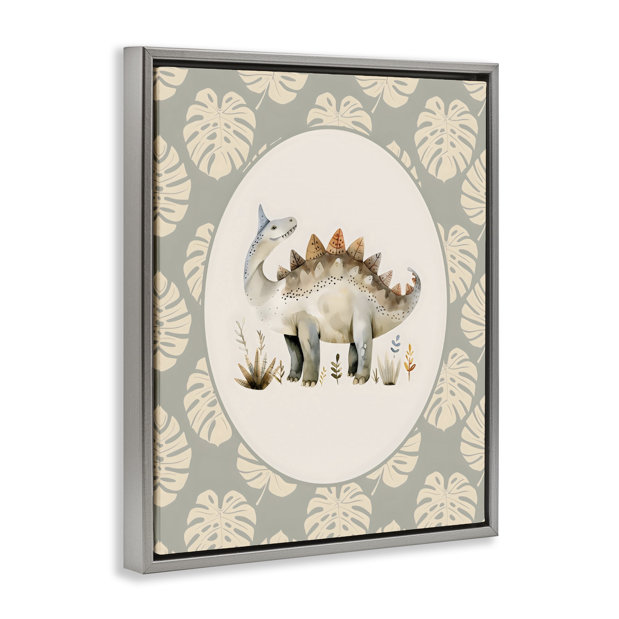 Stupell Industries Watercolor Dinosaur Monstera Border Gray Framed Floater Canvas Wall Art, design by LSR Design Studio
