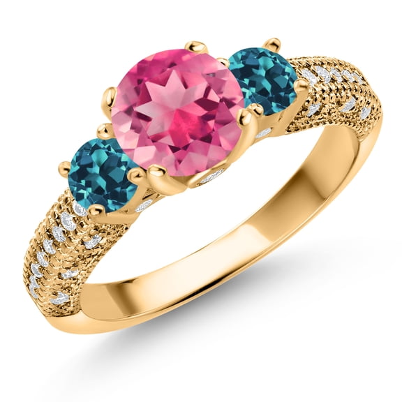 Gem Stone King 18K Yellow Gold Plated Silver Pink Mystic Topaz London Blue Topaz and White Moissanite Engagement Ring for Women (2.39 Cttw, Gemstone, Round 7MM and 4MM, Size 9)