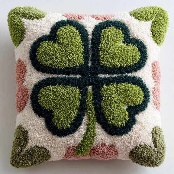 DIY Latch Hook Pillowcase Green four-leaf clover Cross Stitch Latch Hook kit Throw Pillow 17x17inch