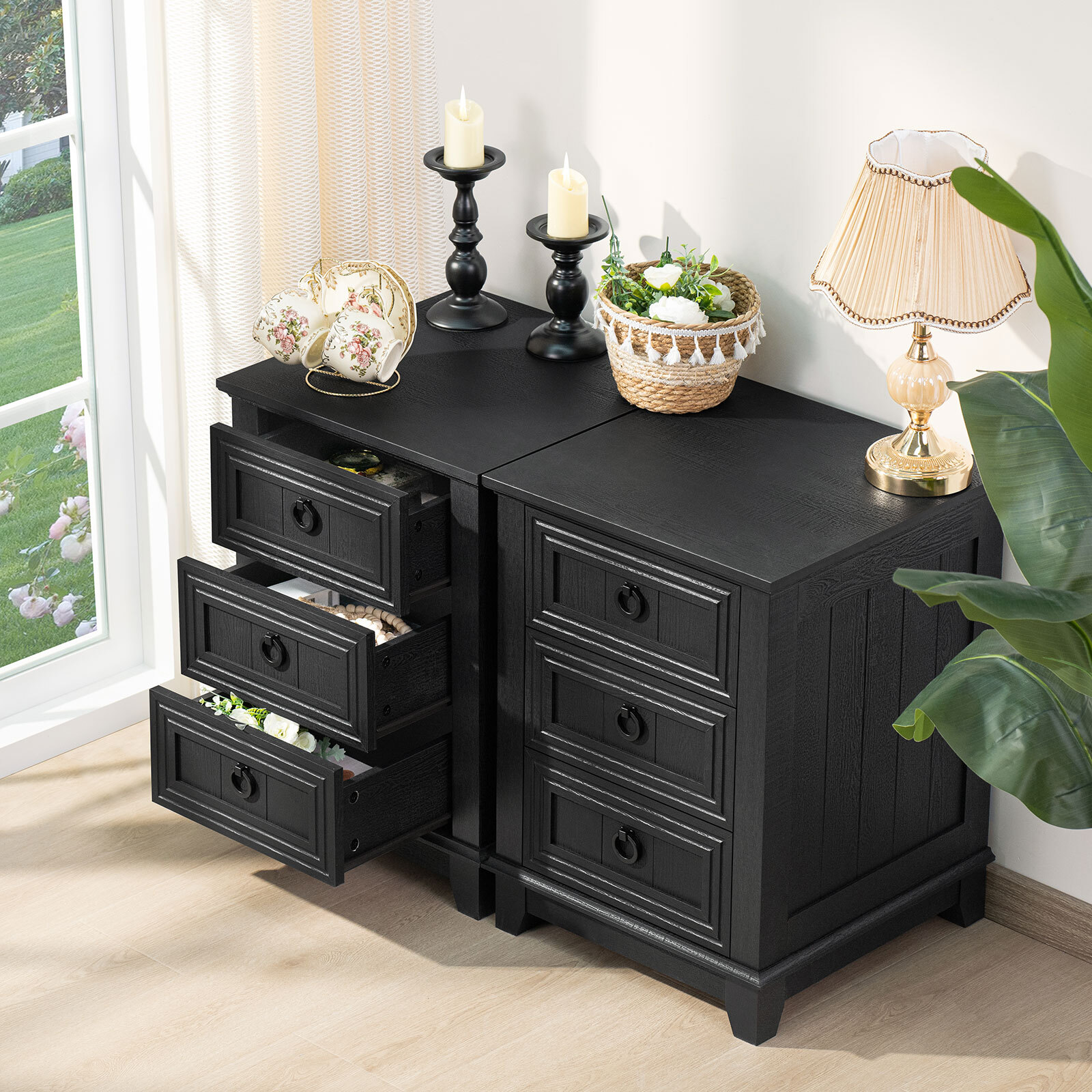 Joaxswe Nightstand, Modern 3 Drawer Nightstand, Black Nightstand with Ring Handle, Wooden Side Table Storage Cabinet Unit for Bedroom/Living Room
