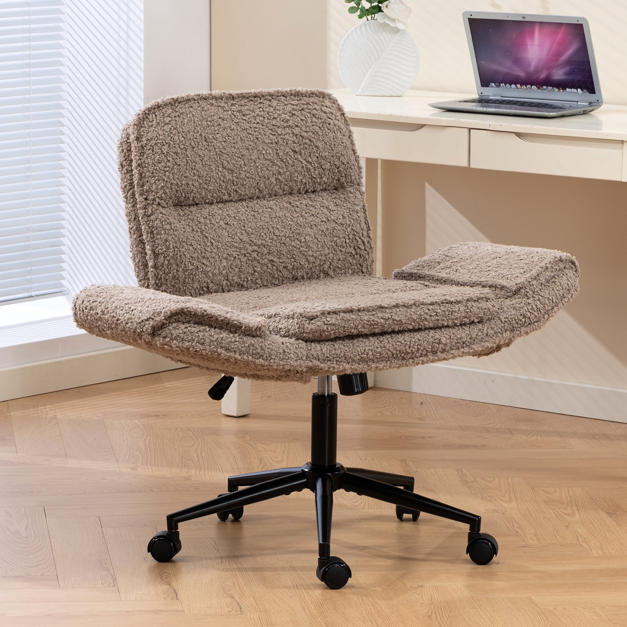 Jopath Criss Cross Chair with 5-Gear Adjustable Armrests and Wheels, Ergonomic Thickened Backrest Swivel Desk Chair for Home Office Vanity Bedroom and Living Room Brown Teddy Fleece
