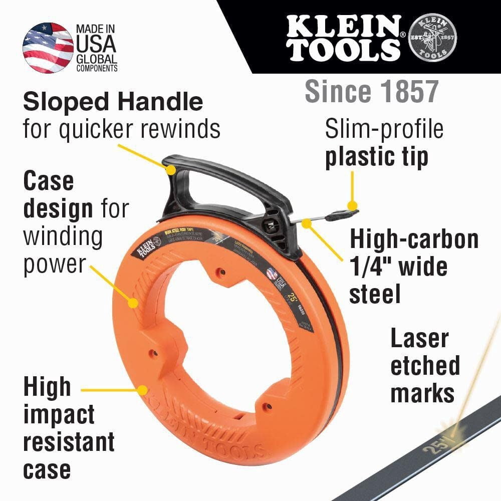 Klein Tools Flat Steel Electrical Fish Tape - 25 Ft, 1/4 In Wide, Slim Plastic Tip