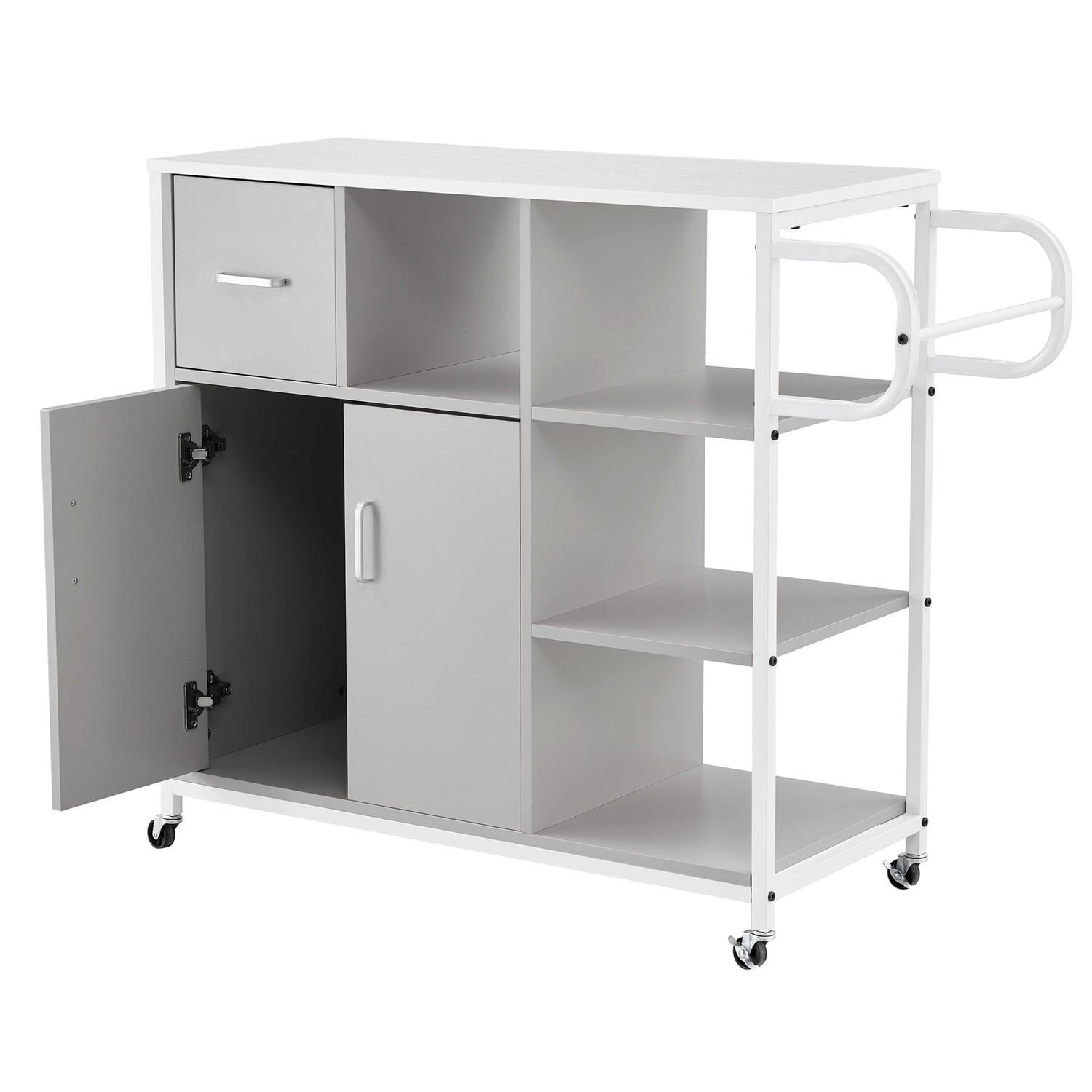 Resenkos 3-shelf Kitchen Island Cart with Drawer and 2 Door Cabinet, Utility Storage Trolley Grey
