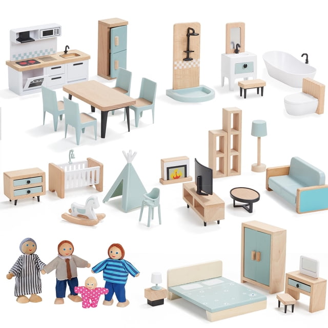 Juego de muebles de madera para casa de muñecas con forma de frijol gigante con 4 muñecas familiares