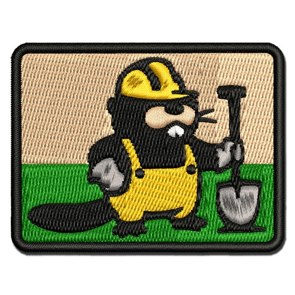 Construction Worker Builder Beaver with Shovel and Hard Hat Applique Multi-Color Embroidered Iron-On Patch - 2.5 Inch Small