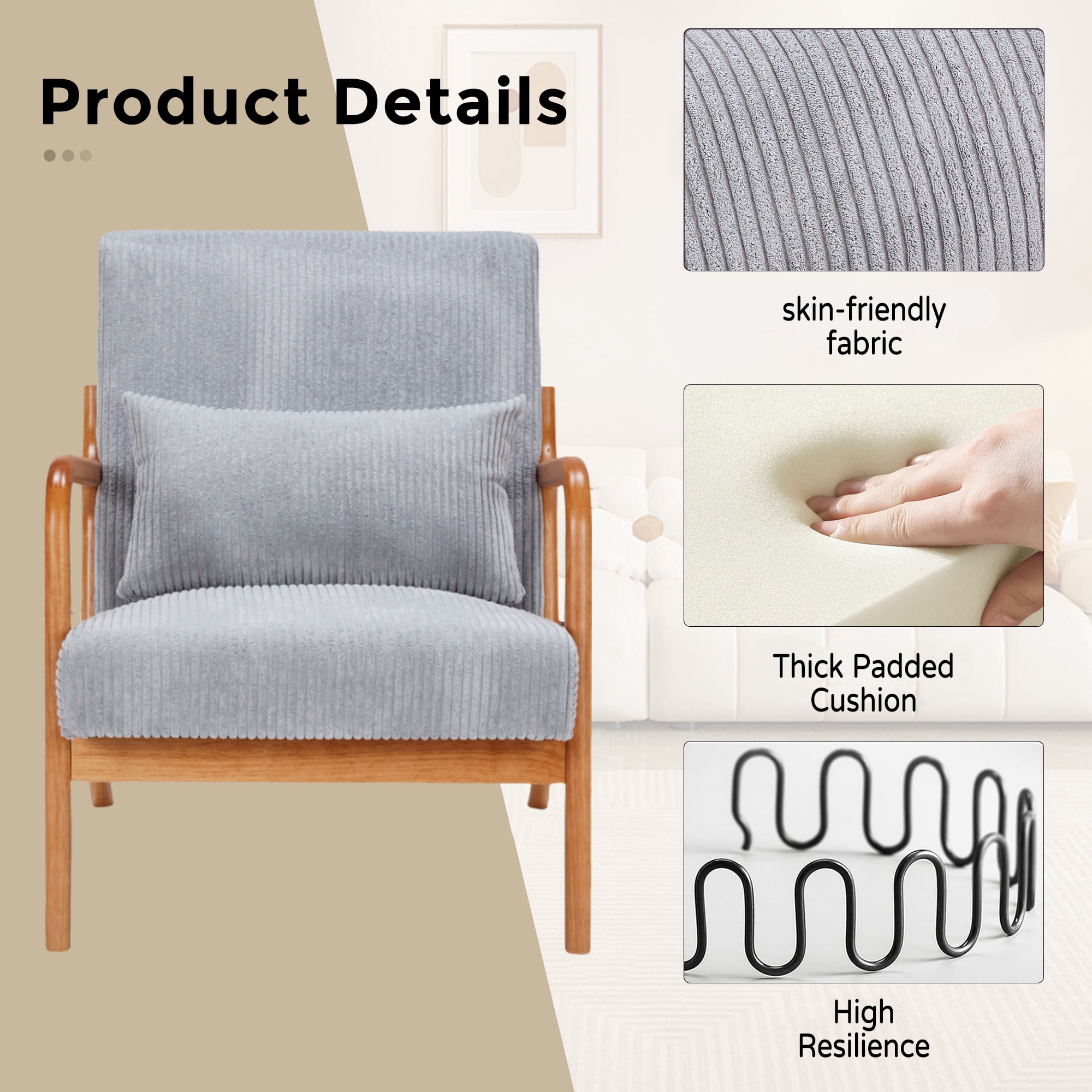 MOONMISS Corduroy Upholstered Mid-Century Modern Wood Frame Single Armchair-Light Gray