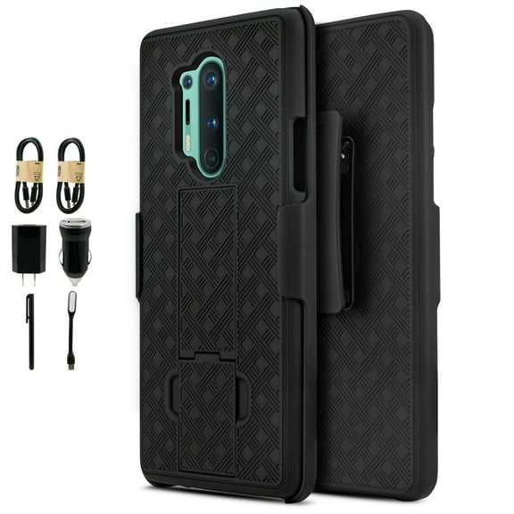 Value Pack ! for OnePlus 8 Pro with Tempered Glass Slim Shell Phone Case Shockproof Cover Screen Protector Clip Kickstand Holster Hybrid Shock Bumper (Black)