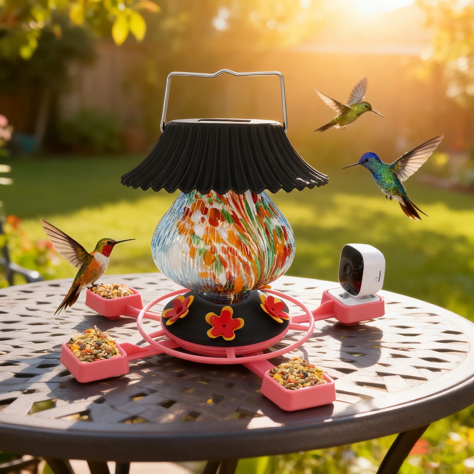 Diceymbol Smart Humming Bird Feeder With 1080P HD Camera Solar Powered Bird Feeder With LED Light 4 Feeding Ports Outdoor Garden Bird Watching Feeder For Patio Backyard