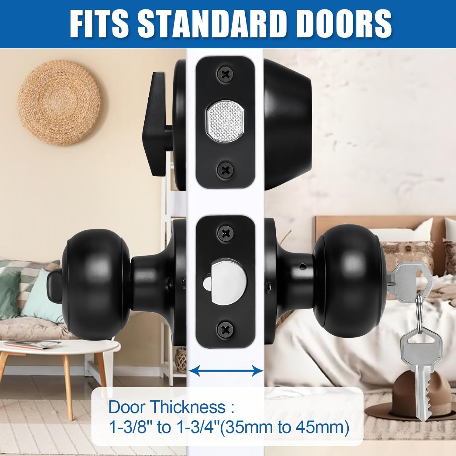 4 Sets Entry Door Knob and Single Cylinder Deadbolt Combo, Keyed Alike Round Ball Matte Black Exterior Door Locks with Keys for Front Door Security