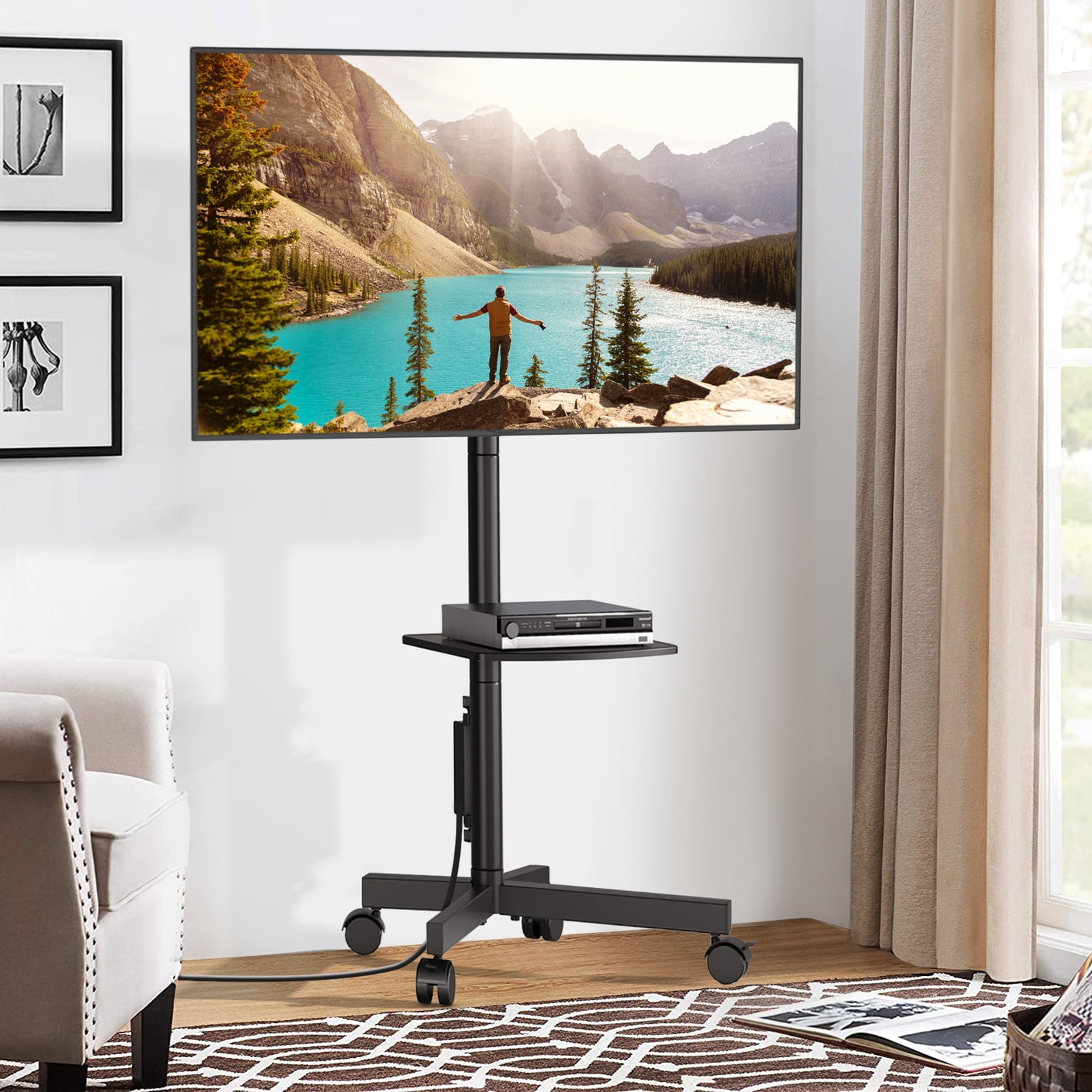 TAVR Furniture Tall Mobile TV Stand for 32 to 65 inch Flat Panel TVs with Power Outlet, Black