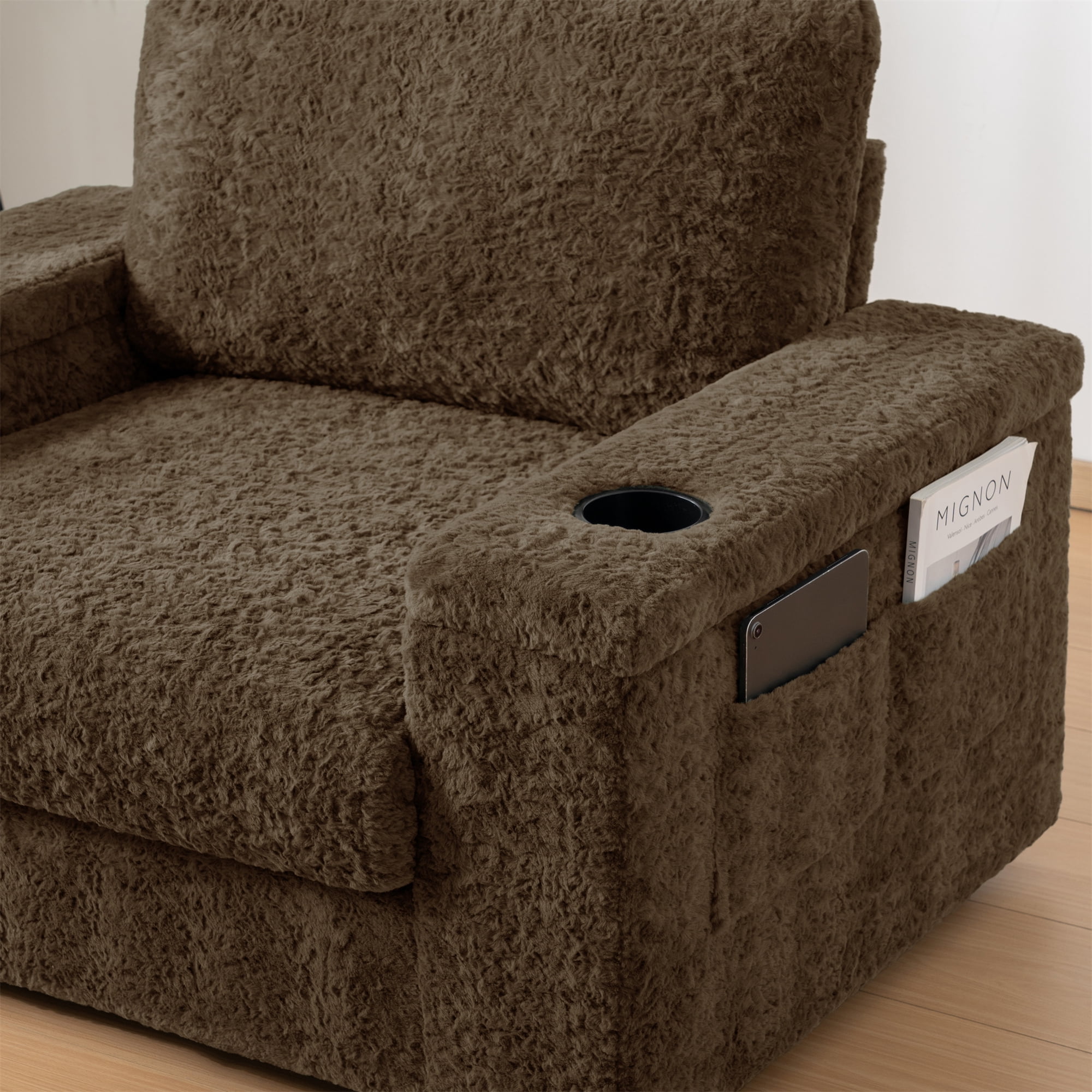 Aukfa 42 inch Chaise Lounge w/ 2 Cupholders, Storage Ottoman, Plush Chair Bed for Living Room, Brown