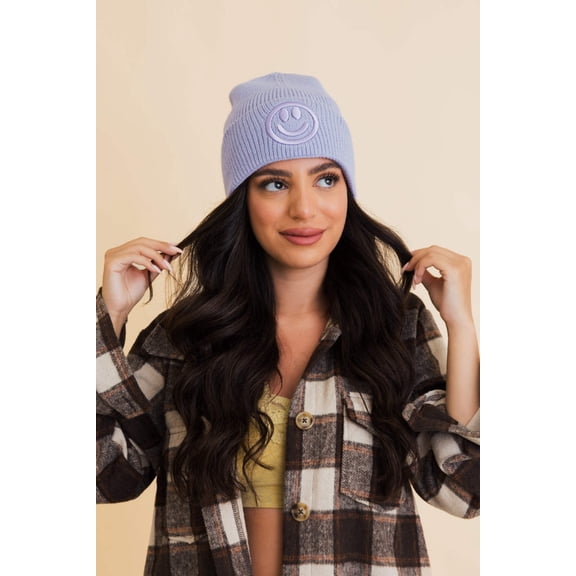Embroidered Smiley Face Ribbed Knit Beanie