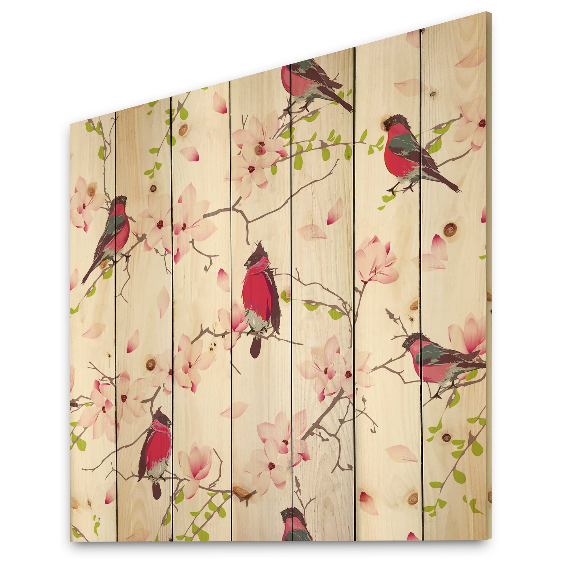 Designart 'Red Bullfinches Sitting On Magnolia Tree' Traditional Print on Natural Pine Wood