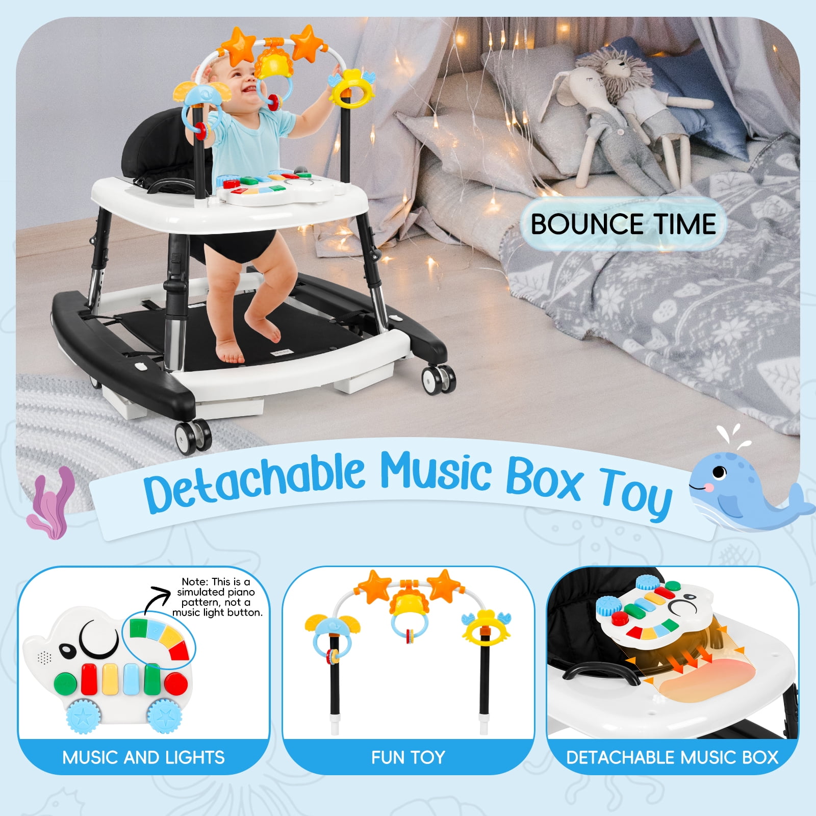 XIOYIG 5 in 1 Baby Walker, Music and Lights Walker for Baby Boy Girls 6-18 Months, Foldable Baby Walkers with Wheels and Bouncer Combo Portable, Toddler Infant Walker with Adjustable Height,Black
