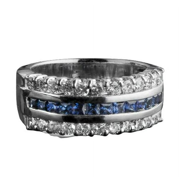 HeartsAndYou 4ct Natural Sapphire & Diamond Wedding Band Three Row Wide 14k SOLID White Gold