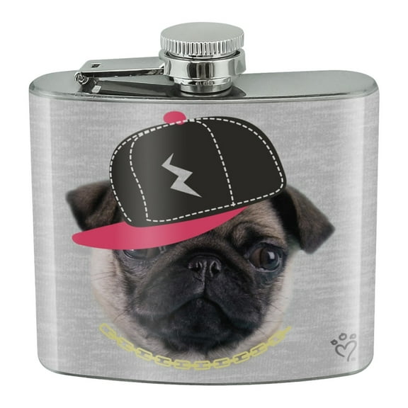 Tough Pug Puppy Dog in Cap Hat Stainless Steel 5oz Hip Drink Kidney Flask