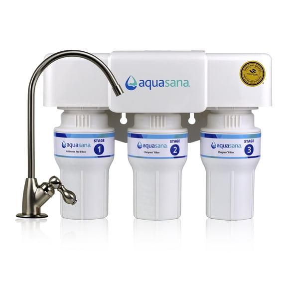 Aquasana Under Sink Water Filter | 3-Stage Filtration | Certified to Reduce up to 99.99% of PFAS, Lead, Chlorine, & More | Under Counter Drinking Water Filter | Brushed Nickel Faucet | AQ-6300-BN