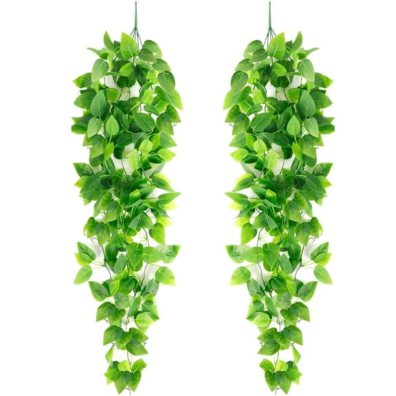 Coolmade 2 Pcs Artificial Hanging Plants Green Fake Vine Hanging Plants Home Decor Indoor Outdoor Garden Room Wedding Decoration Leaves