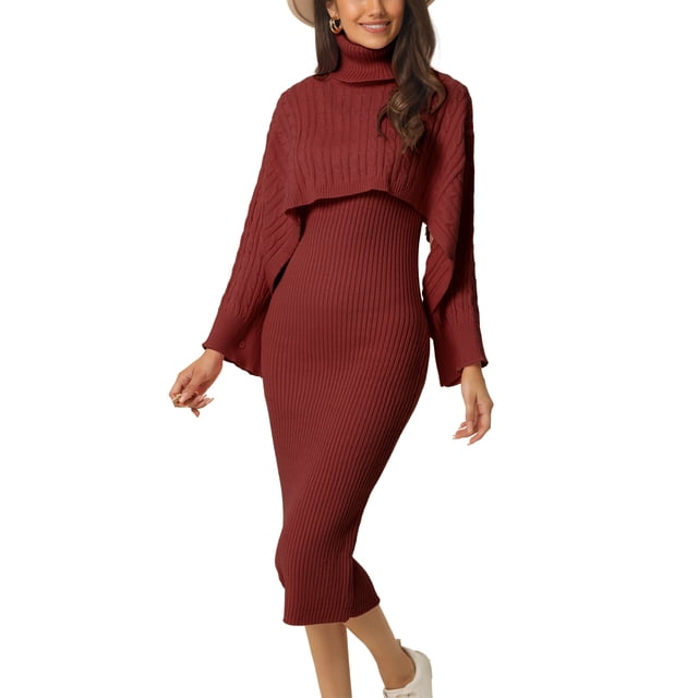 INSPIRE CHIC Ensemble Deux Pièces pour Femmes Tricoté Manches Longues Col Roulé Chandail Débardeur Robe Midi m Rouge Vin