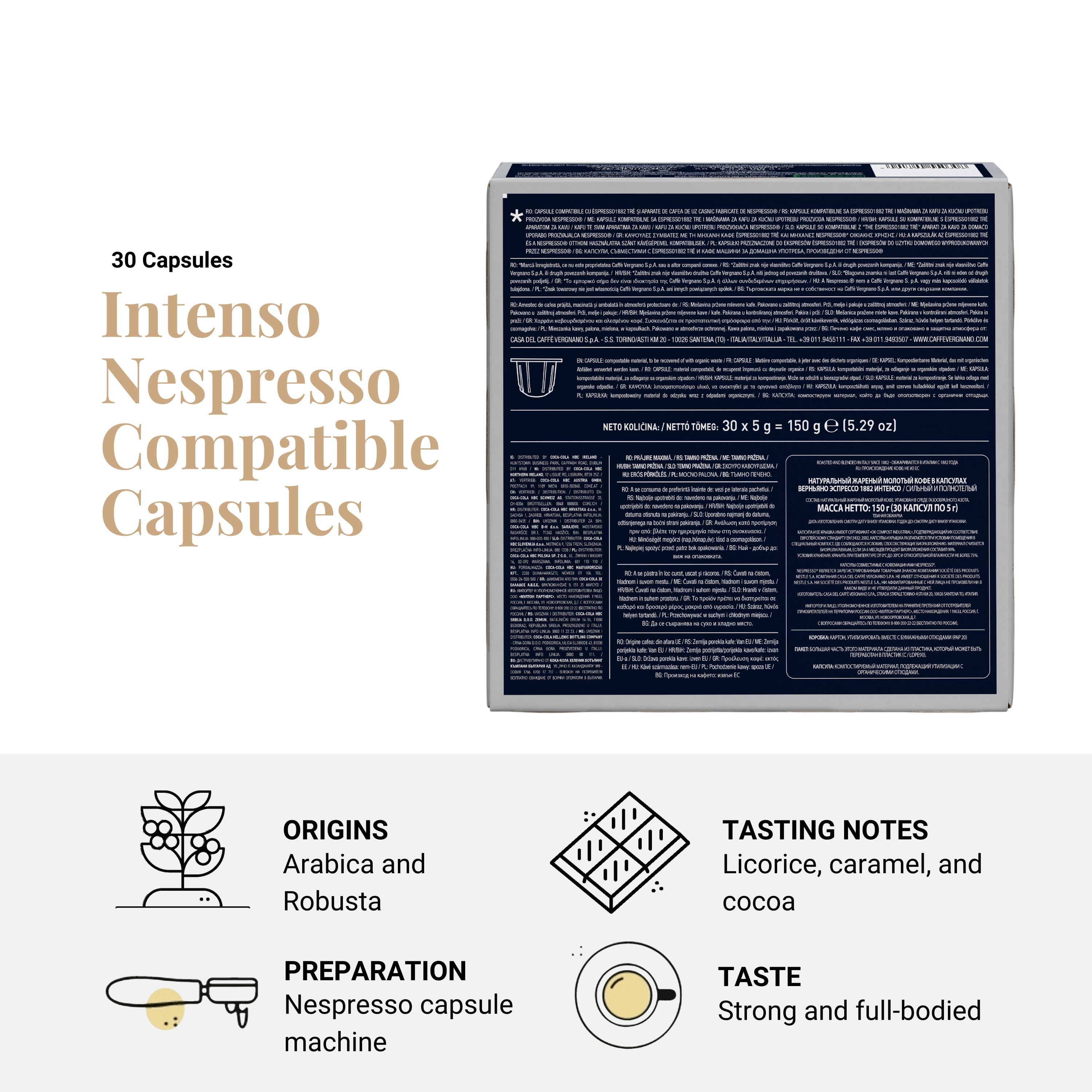 Caffe' Vergnano 1882 Medium Roast Espresso Original Line Machine Compatible Capsules, Arabica Robusta Espresso Coffee, Italian Coffee For Nespresso Coffee Machines, Intensity 8/10, Intenso, 30 Ct