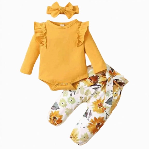 Enyan Baby Girl Clothes Newborn Infant Outfits Ruffle Romper Floral Pants Cute Headband Sets for Girls(Size 12-18 Months)