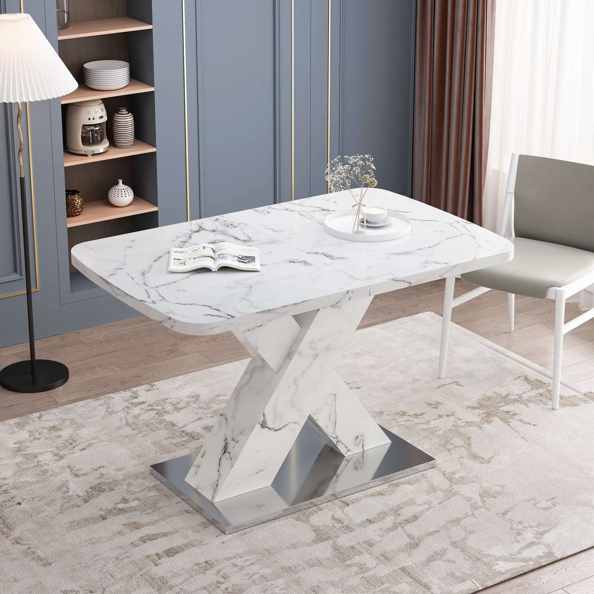 Stretchable Dining Table, Modern Square Dining Table, white Marble Table Top+MDF X-Shape Table Leg with Metal Base