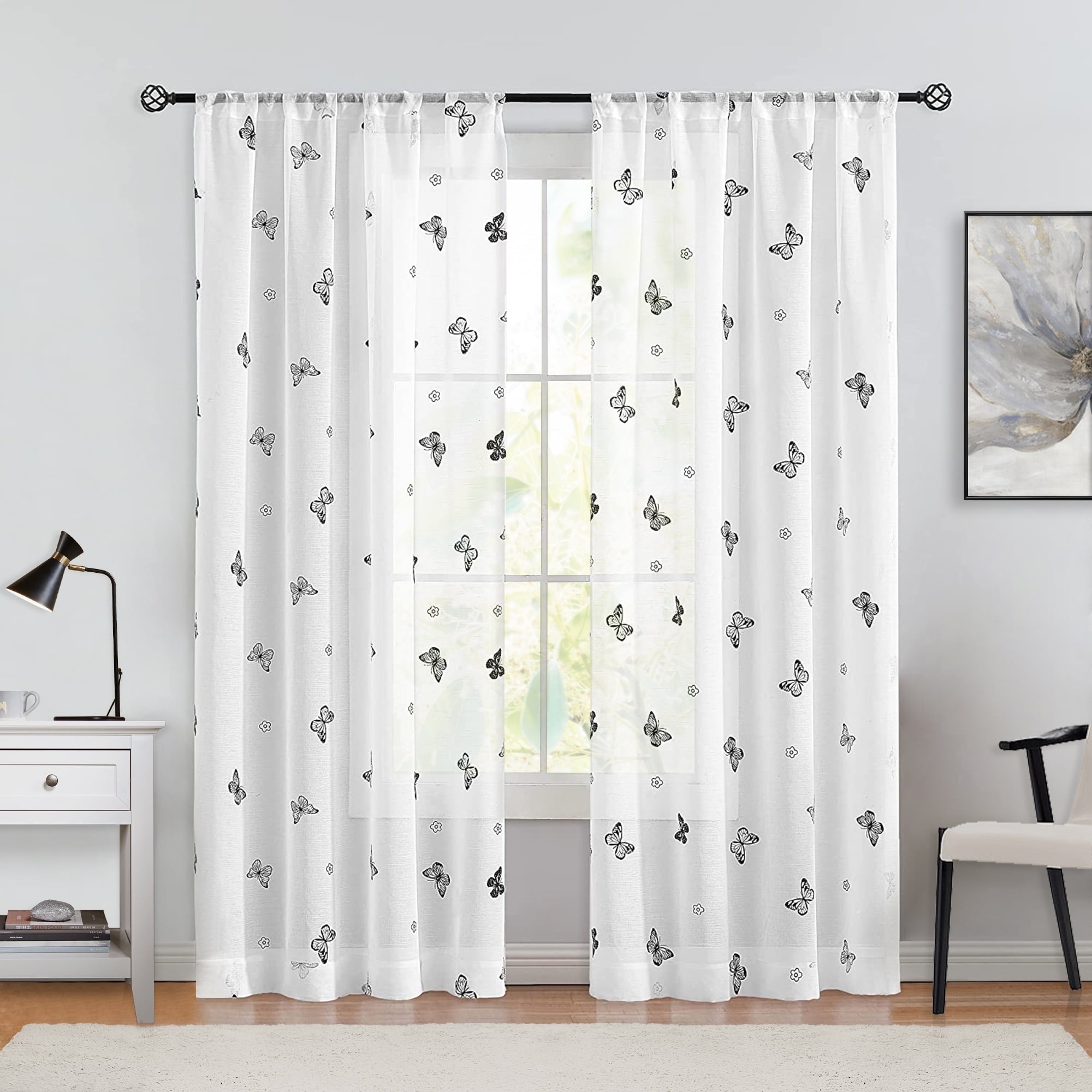 Flowpartex Spring White Sheer Curtain Panels Black Butterfly Pattern Drapes Light Filtering for Girls Kids Bedroom Living Room, Rod Pocket, 54"L×52"W 2 Panels