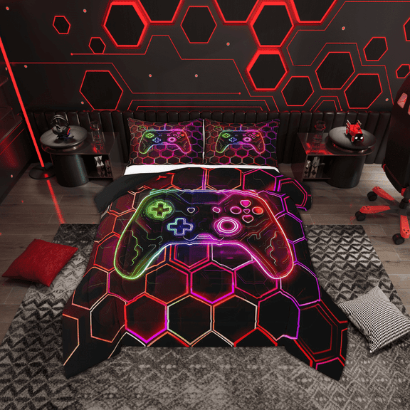 Erosebridal Gamer Bedding Twin Comforter Set, Neon Gradient Gamepad Down Comforter, Pink Honeycomb Decor, Reversible 2pcs, Ultra Soft