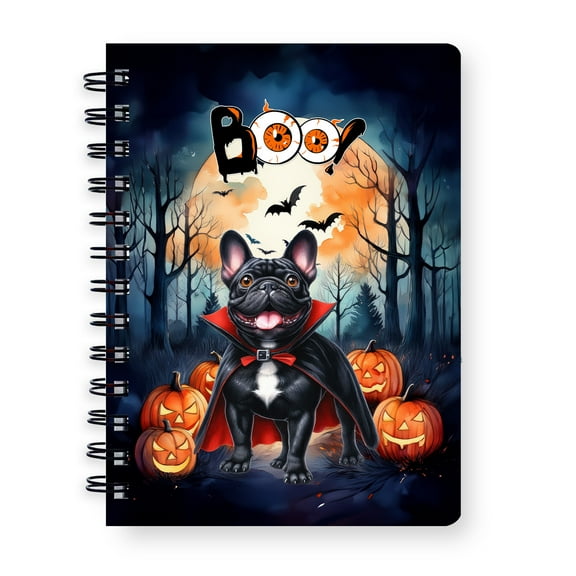 Happy Halloween Vampire French Bulldog BOO with Pumpkins Fun and Spooky Spiral Bound Journal Dog Lover Gifts 5x7in Spiral Notebook - 00018