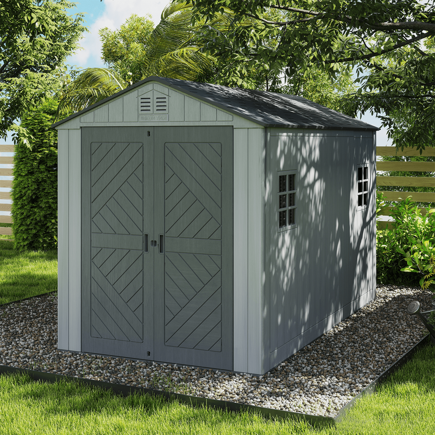 Yardgrace 11x6 Ft Resin Storage Shed with Window & Lockable Door, Double-Layer Plastic Tool Shed with Floor for Tools, Backyard, Patio, Gray