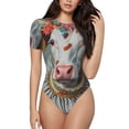 thumbnail image 2 of Uemuo Vintage Colorful Floral Cow Pattern Women's One Piece Short Sleeve Swimsuit Rash Guard Surfing Modest Quick-drying Swimsuit Beach Essentials-Medium, 2 of 9