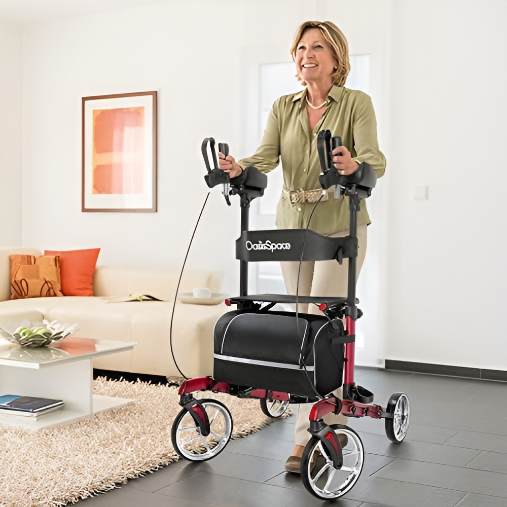 Oasisspace Upright Rollator Walker, Stand Up Rollator Walker with Seat and Armrests Tall Rollator Walker for Seniors and Adults, Red