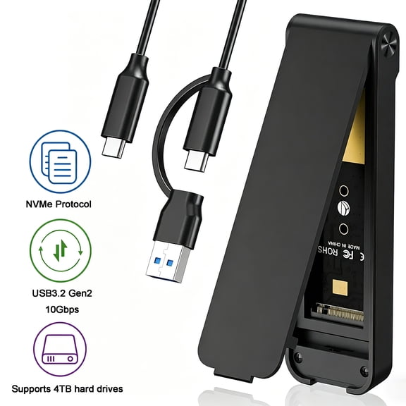 M.2 NVMe SSD Enclosure, M.2 NVMe to USB Adapter, USB 3.2 Gen 2 (10Gbps) SSD Reader for M & M B Key, Sandwich Style Design, Tool-Free Installation, Support UASP Trim for NVME SSDs 2230/2242/2260/2280