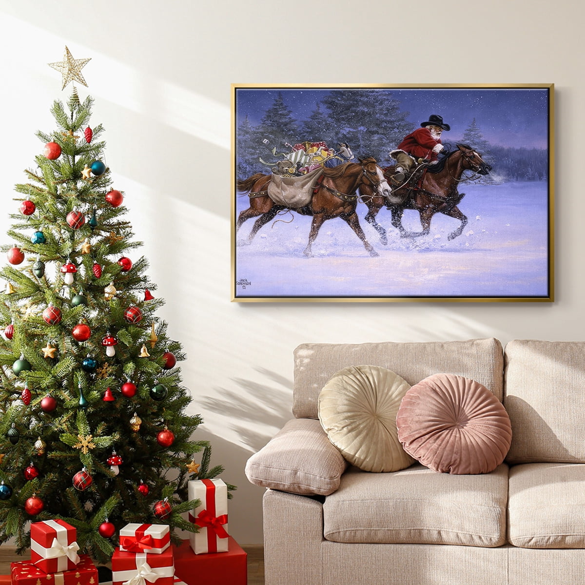 Christmas Rush - Framed Gallery Wrapped Holiday Canvas - 27 x 41 - Gold Frame
