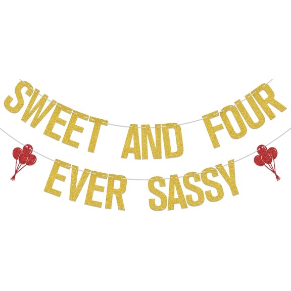 Sweet And Four Ever Sassy Banner,4th Birthday Decoration for Girl,Forever Sweet 4th Birthday Party Supplies Gold Glitter
