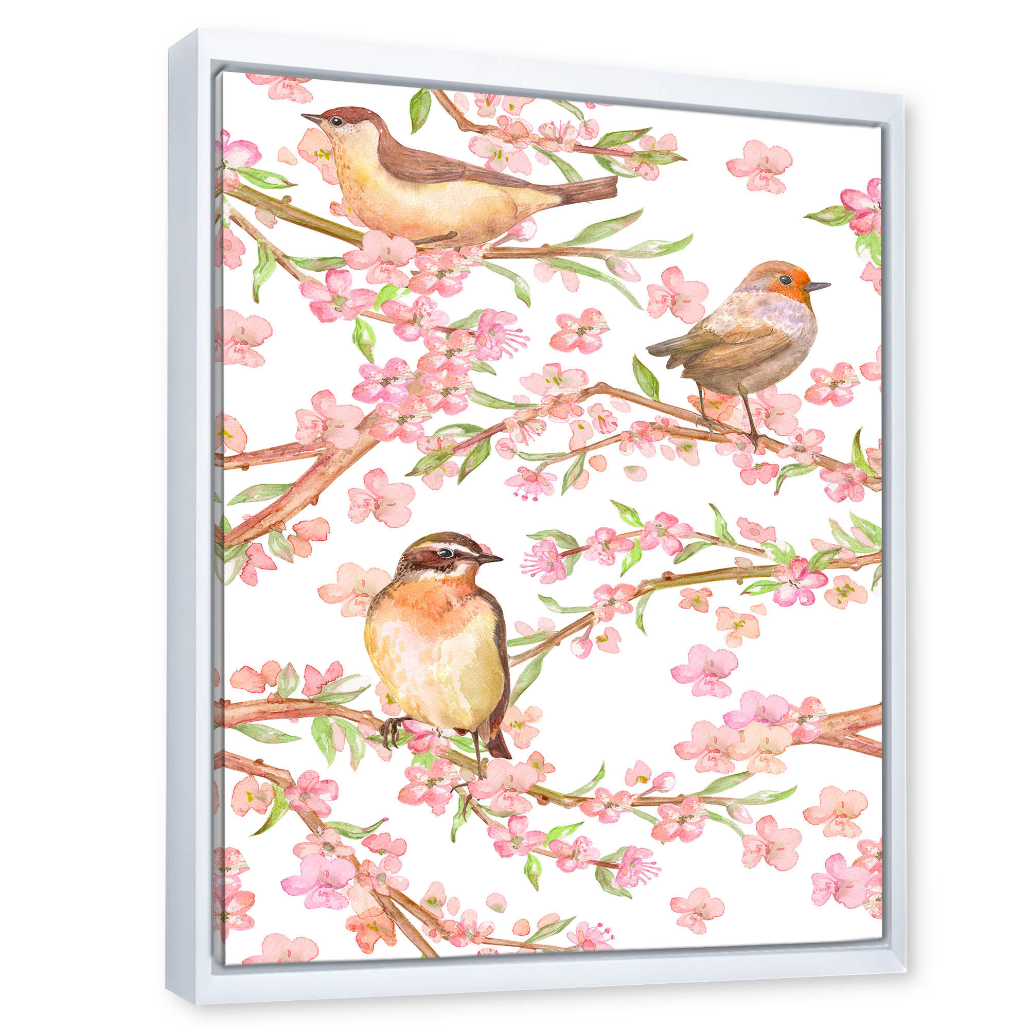 Designart 'Lovely Birds On Branches Of Flowering Almond' Traditional Framed Canvas Wall Art Print
