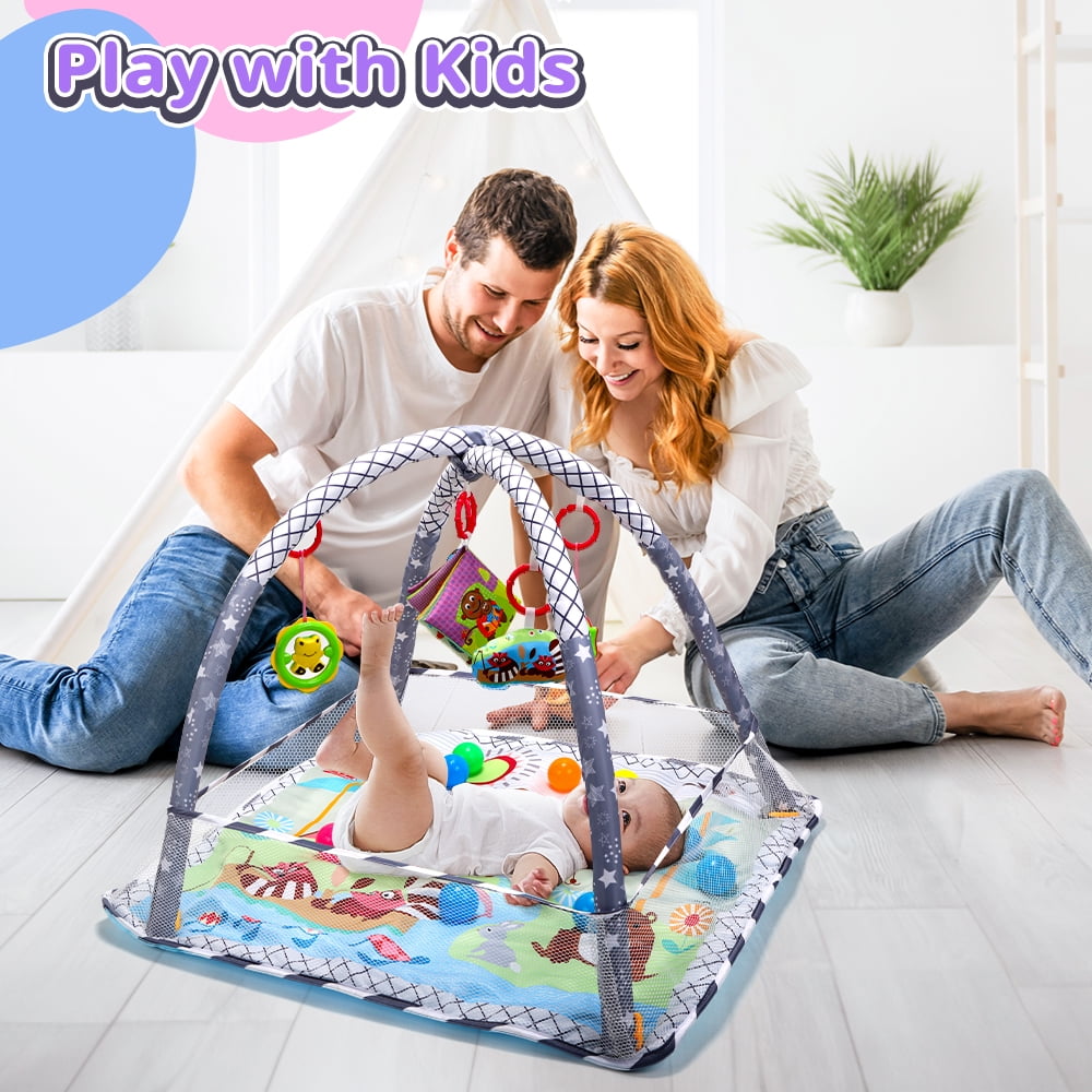 JoyStone 4 IN 1 Baby Activity Play Mat with 20 Balls, 5 Detachable Sound Toys, Baby Sensory Mat for for Toddler Infant 0-12 Months, Newborn Gift for Boys and Girls