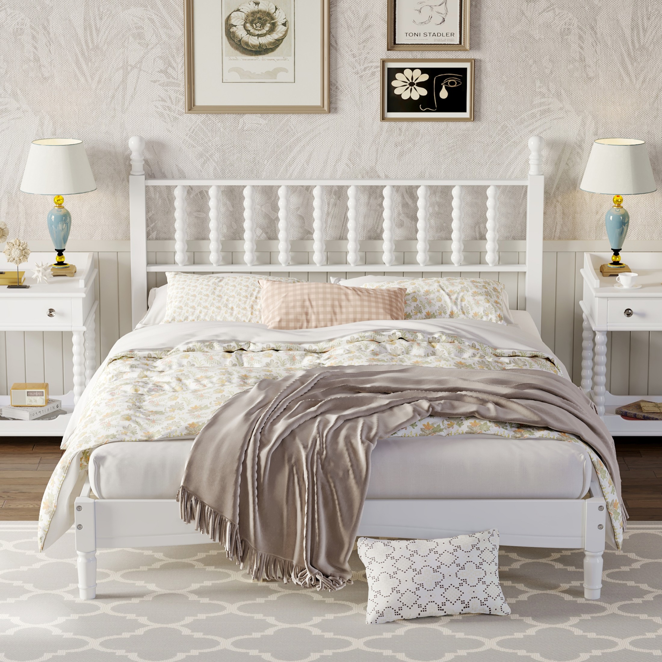Aukfa Retro Queen Size Bed Frame with Gourd Shaped Headboard, Wood Platform Bed, White